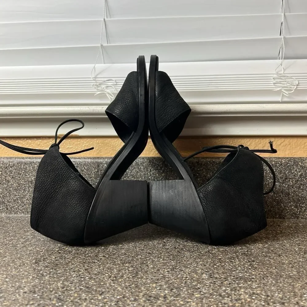Eileen Fisher Black Textured Leather Chunky Heels Tie Up Peep Toe Women's Sz 9.5